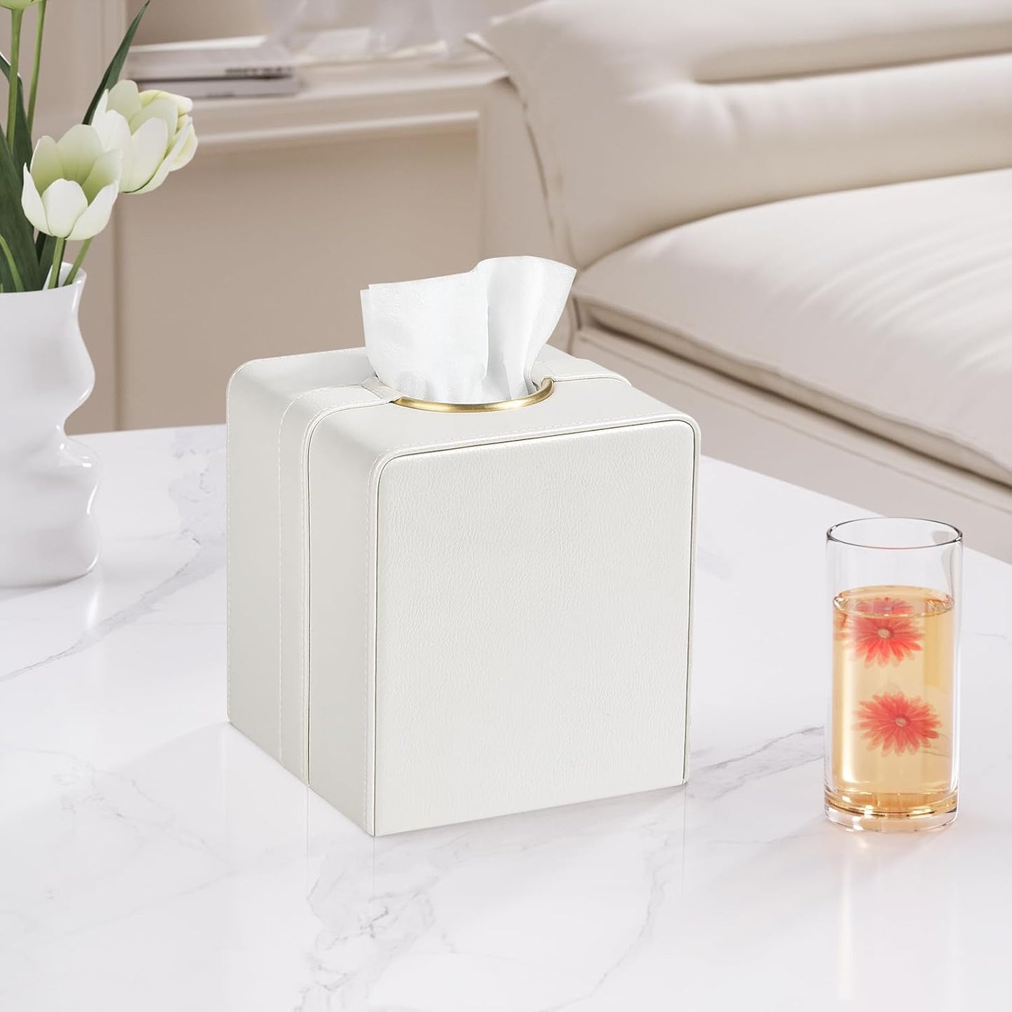 Luxury Square Tissue Box Cover, PU Leather Tissue Box Holder with Magnetic Closure and Gold Decorative Grommets for Bathroom Bedroom, Decorative Elegant Cube Tissue Holder (Cream)