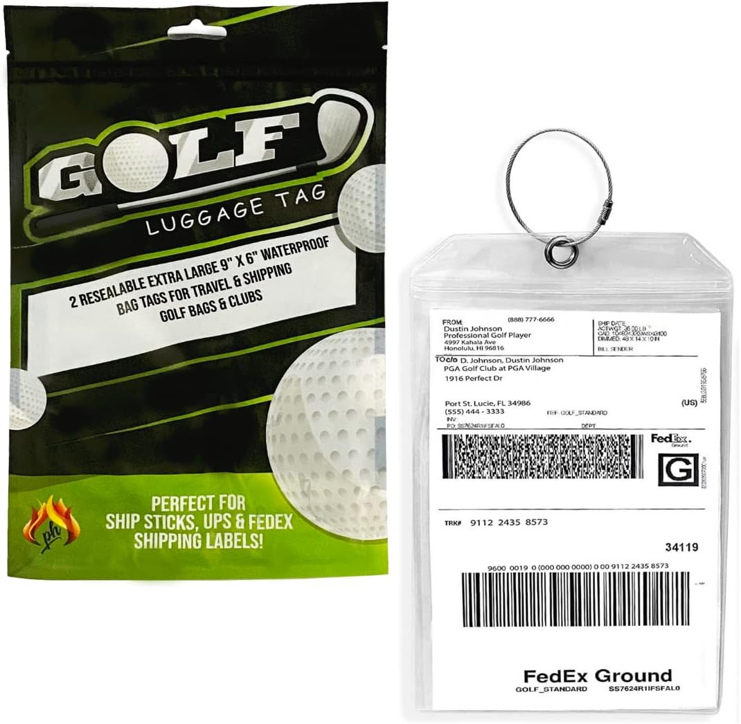 Golf Luggage Tag - Set of 2 Bag Tags Set Extra Large 9" x 6" - Plastic Waterproof Zipper Pouch - PVC Baggage Tag Sleeve for Travel & Shipping Golf Bag - Sealable Personalized Ship Sticks Insert