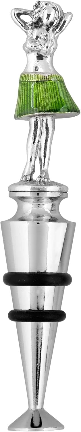 Supreme Housewares Hula Girl-Shaped Zinc Alloy Wine Bottle Stopper - Reusable Beverage Preserver for Wine, Champagne, and Sparkling Drinks - Silver and Green, 4.75 Inch Tall