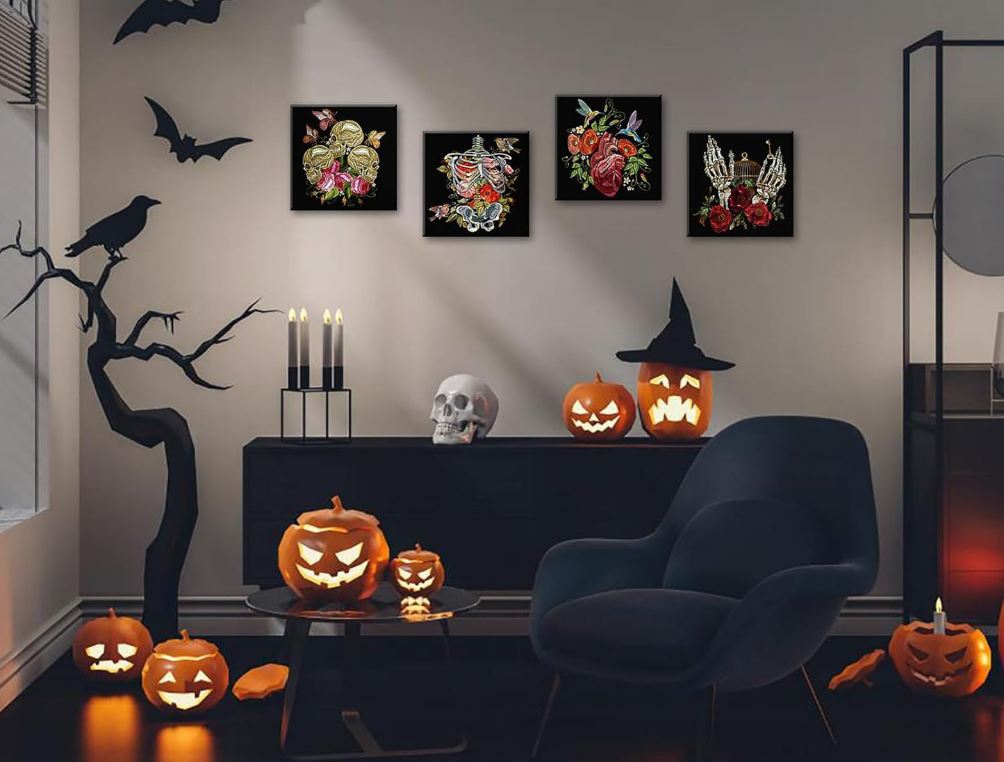 DJSYLIFE Gothic Wall Art - 4-Panel Skeleton and Roses Canvas Print, Dark Moody Decor for Bedroom, Bathroom, Halloween, Ready to Hang 12"x12"x4