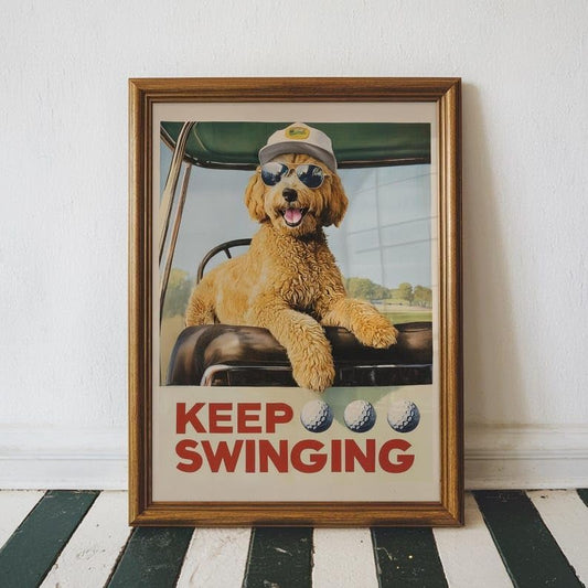 Funny Goldendoodle Golf Wall Art, Vintage Retro Dog Sports Print for Bar, Office or Home Decor, Keep Swinging Inspirational Golfer Artwork (Unframed) (11x14)