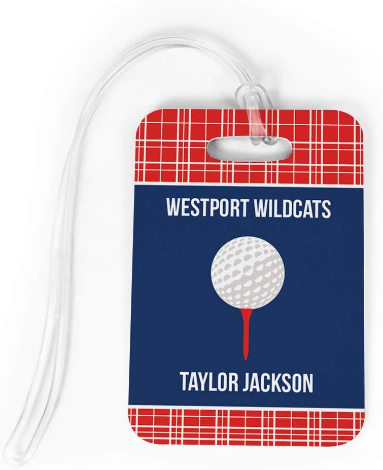 ChalkTalkSPORTS Golf Luggage & Bag Tag | Personalized Team with Golf Ball | Standard Lines on Back | Medium | RED/Navy