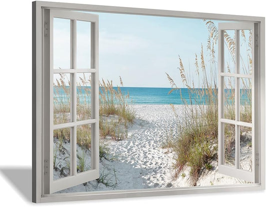 beach wall art window picture: coastal canvas artwork seascape scene prints looking out fake window wall decor for bedroom 36"x24"
