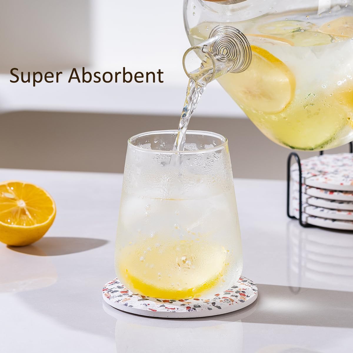 Coasters with Holder Set of 6, Absorbent Marble Drink Decorative Coasters for Coffee Cup Beverage Wine Beer Bar Housewarming