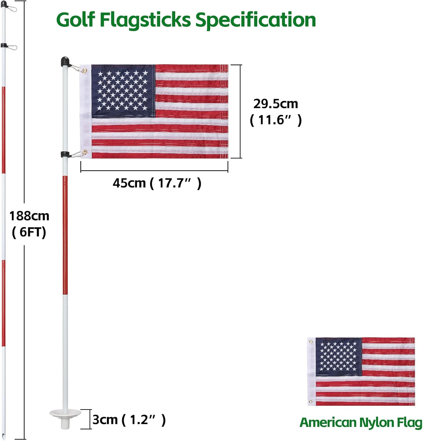 Golf Flagstick 6ft, Double-Side American Flag for Putting Green, Portable 5-Section Design for Backyard Practice, Golf Pin USA Flag for Driving Range