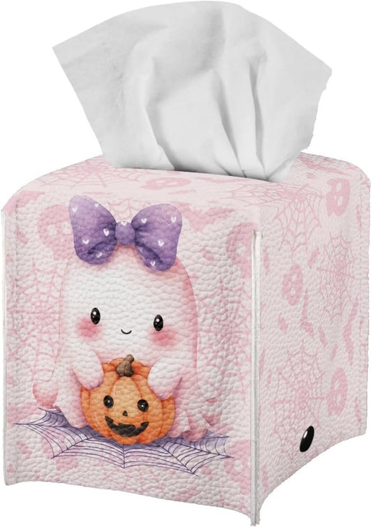 Cute Ghost Tissue Box Cover Halloween Tissue Box Holder 5x5x5 Facial Paper Organizer Halloween Home Accessories for Desk Bathroom Countertop Vanity