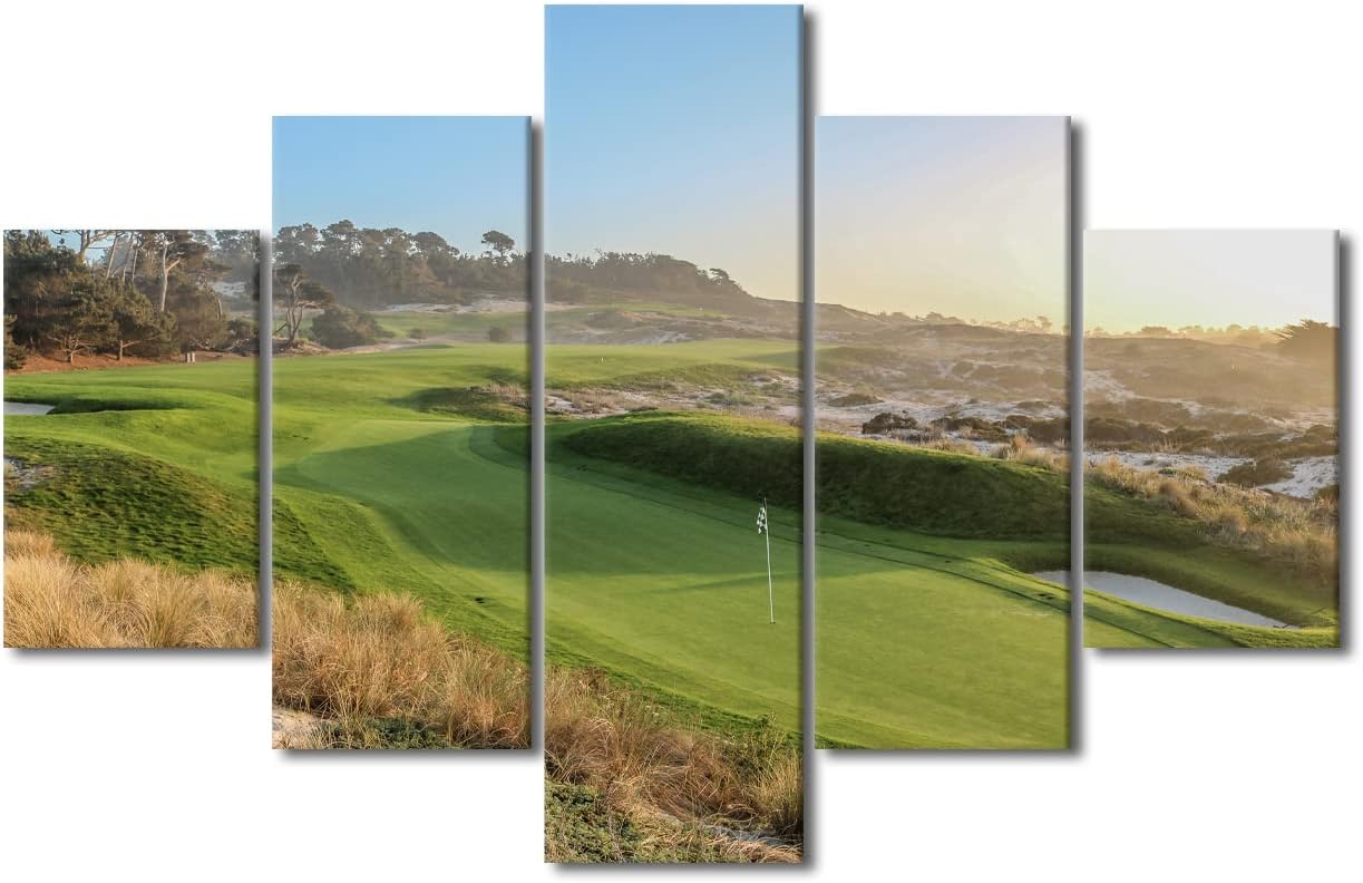5 Piece American Golf Course Wall Art Gallery Wrap Golf Course Poster Canvas Wall Art Prints Course Scenery Modern Home Decor Artwork for Living Room Bedroom Office Framed Ready to Hang - 60"W x 40"H