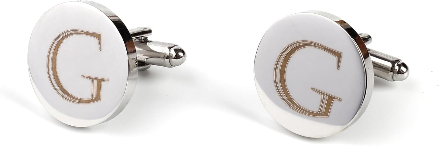 Mens Initial Silver Cufflinks A-Z Alphabet Letter Steel Cuff Links with Engraved Walnut Wood Box Groom Groomsman Wedding Set…