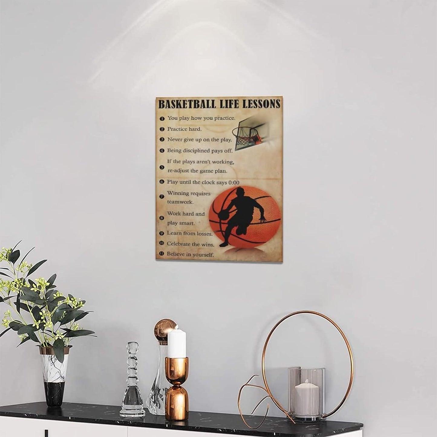 Basketball Life Lessons Wall Art - Canvas Wall Decor Gifts for Basketball Player Boy Man Motivational Sports Painting Print Artwork Framed for Classroom Boy Room Gym 12x16