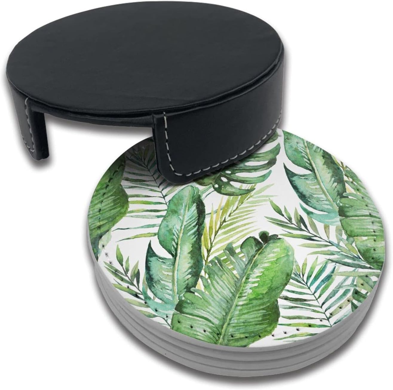 Green Tropical Palm and Fern Leaves Leather Drinks Coasters with Holder Set of 6, Suitable for Kinds of Cups