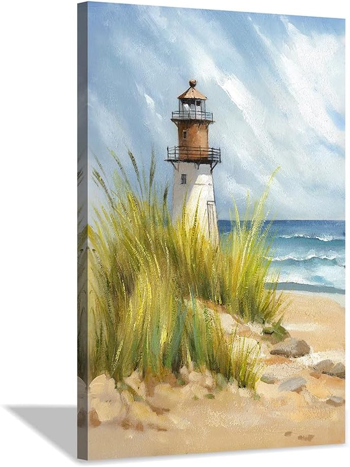 coastal wall art lighthouse pictures: beach wall decor coastal artwork nautical ocean print in beach canvas painting for bathroom 11" x 16"