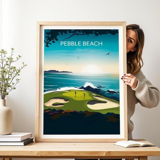 Nationcog Pebble Beach, California Golf Print - US Open Golf Travel Poster, Pebble Beach Golf Poster, California Golf Course Art, Scenic Ocean Golf Print, Luxury Golf Resort Decor (Unframed) (20x30)