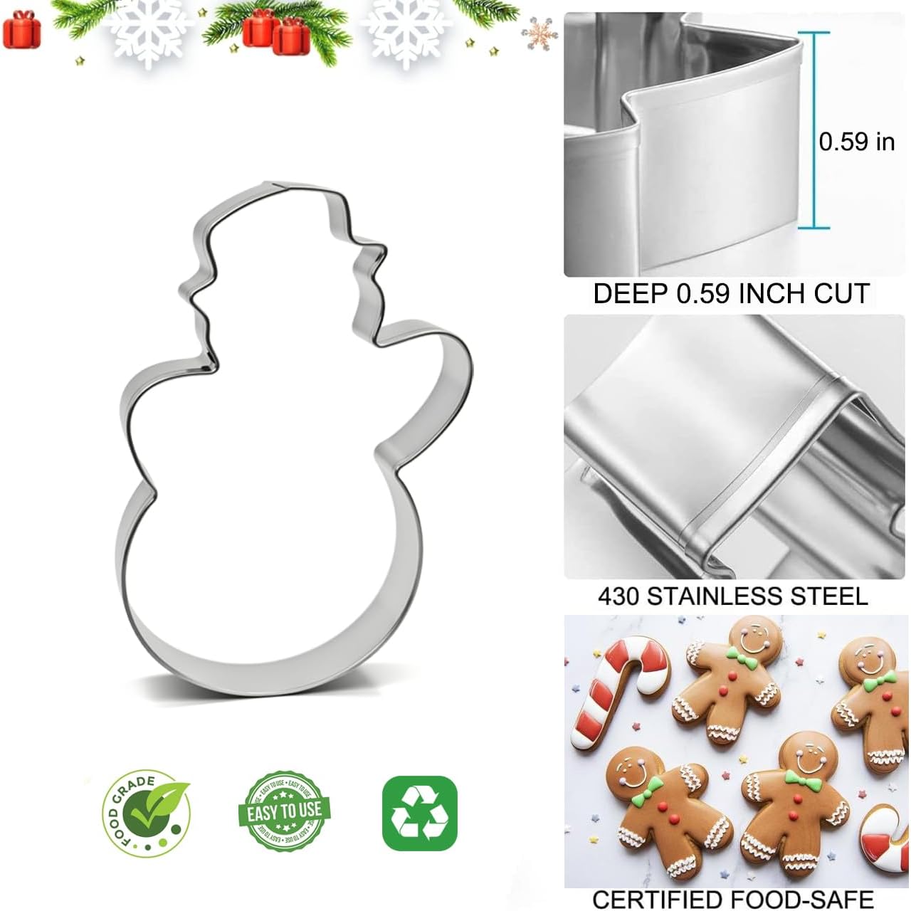 Christmas Cookie Cutters Set - 9 Pieces - Christmas Tree, Gingerbread Man, Snowflake, Snowman, Angel, Santa Face, Santa Claus, Candy Cane, Reindeer Shapes, Stainless Steel Metal Biscuit Cutter Molds
