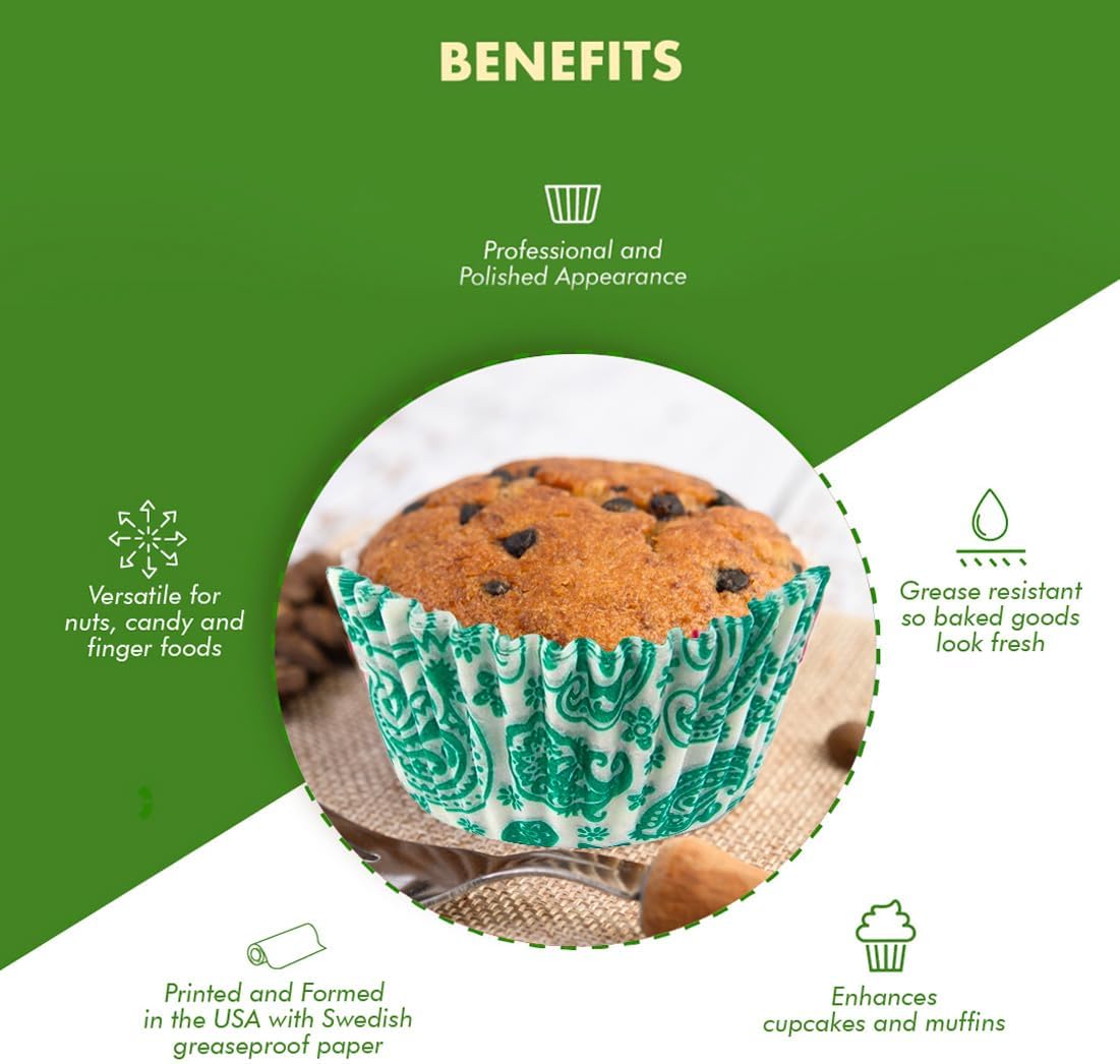 Regency Wraps Greaseproof Professional Grade Baking Cups, Pack of 40, Standard Liners, Green/White Paisley, for Cupcakes, Muffins, Candy, Non Stick