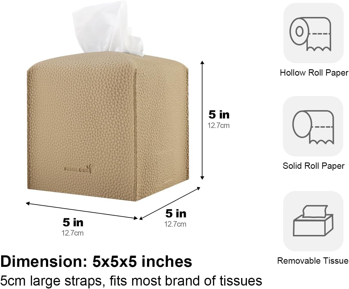 Tissue Box Cover 5X5X5'' PU Leather Tissue Holder Square Tissue Cube Box Organizer for Bathroom Vanity Countertop, Car, Night Stands, Office, Home, Kitchen (1Pack, Wood Apricot)