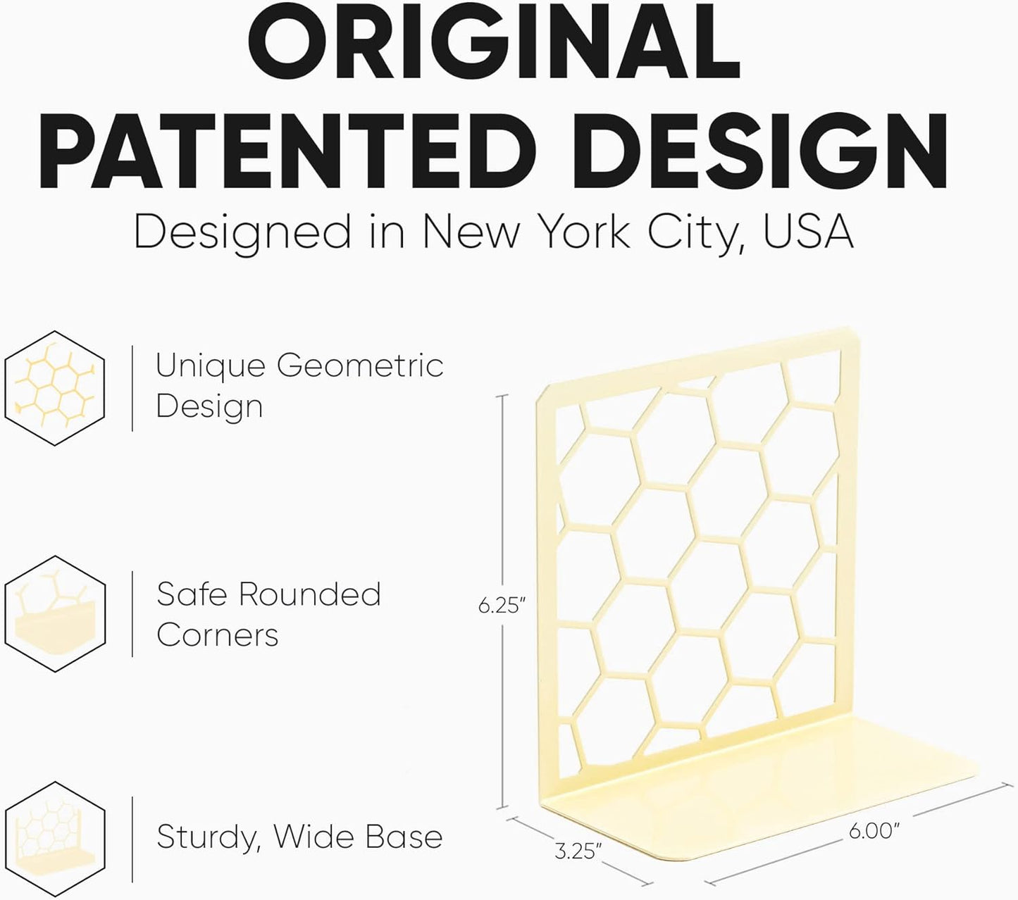 GEOMOD Geometric Honeycomb Yellow Metal Bookends Decorative - Tall Sturdy Book Ends for Shelves - Modern Heavy Duty Bookend Stopper - Office Shelf Book Holder - 6x3.25x6.25 Inches - 2 Pair