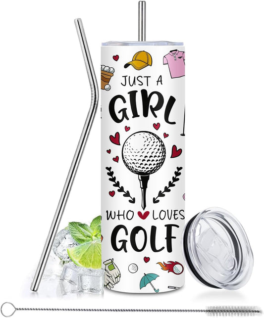 Golf Gift For Women, Golfer Themed 20 oz Tumblers - Just A Girl Who Loves Golf Design Cups, Tumbler With Lid and Straw, Stainless Steel Mugs Funny Gifts For Golfers