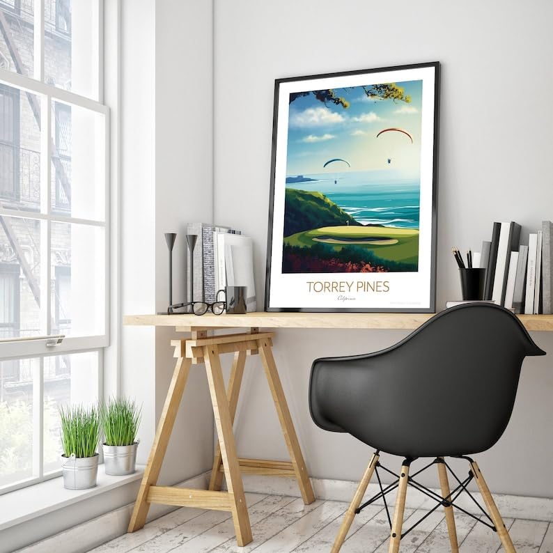 Torrey Pines Golf Print - San Diego, California Travel Wall Art, Torrey Pines Golf Poster, California Golf Course Print, Coastal Golf Art, Paragliding Wall Decor (Unframed) (12x18)