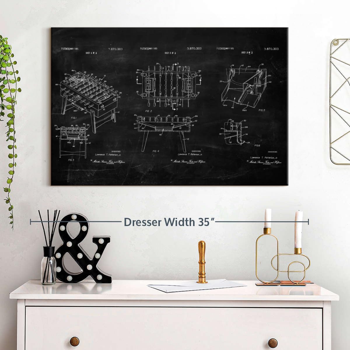 ElephantStock Soccer Table BW Patent Wall Art - Horizontal Wrapped Canvas - 1-Piece Living Room Wall Decor - Soccer Digital Art Canvas Print - Black and White Decor - 30" X 20"