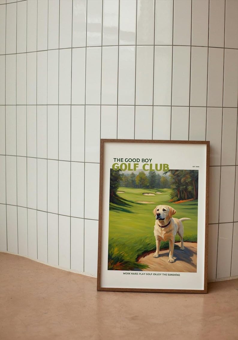 Nationcog Good Boy Golf Club Poster, Yellow Labrador Retriever Dog on Golf Course Wall Art, Funny Retro Golf Print, Funny Golf Poster, Ideal for Bar, Lounge, or Game Room (Unframed) (27x40)