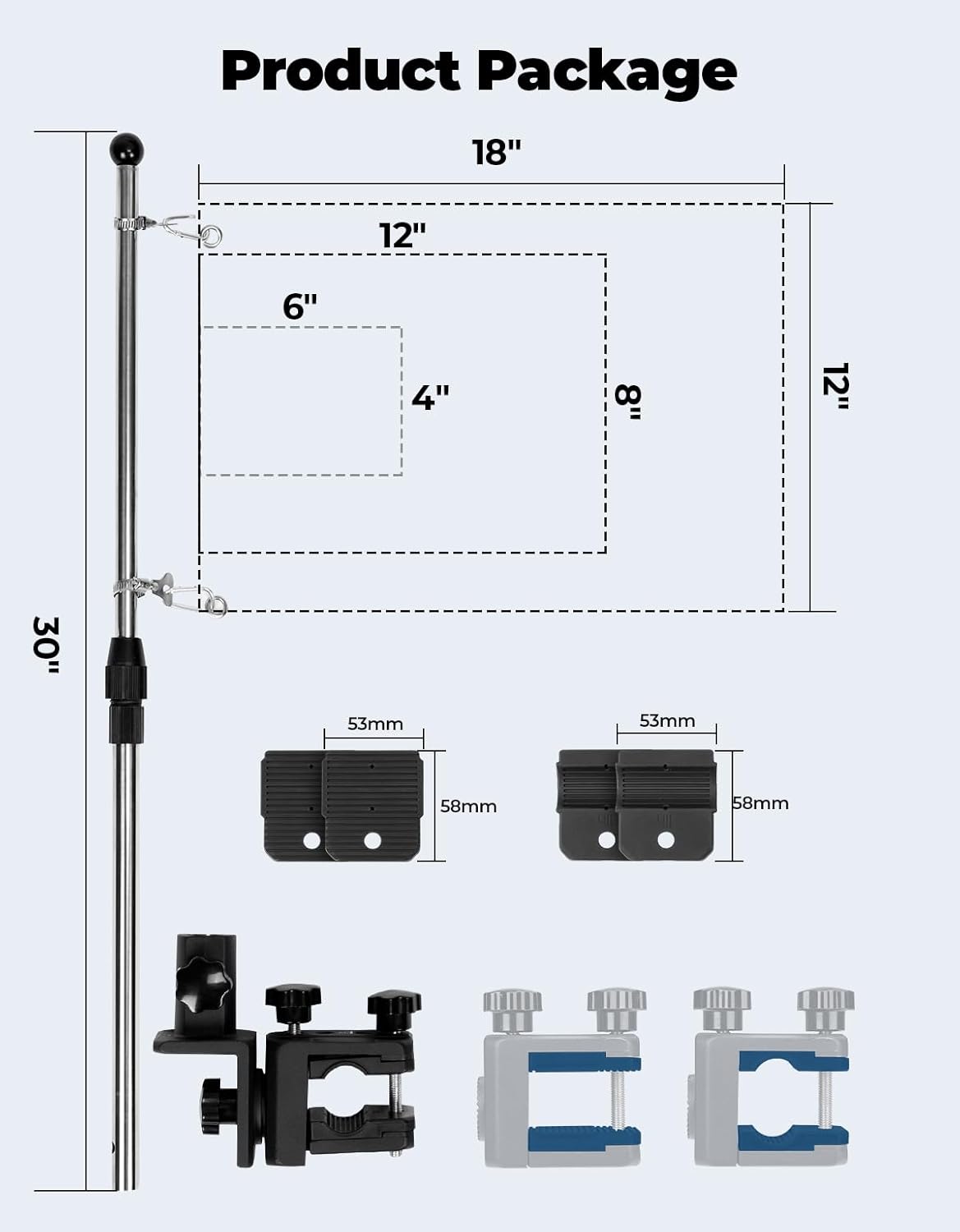 KEMIMOTO Stainless Steel Boat Flag Holder, 360° Rotating Boat Flag Pole Kit, Flag Pole Holder for 0.5''-1.75'' Round/Square Rails, for 12''x18''/8‘’x12''/4''x6'' Boat/Golf Cart Flag (2.5ft, NO Flag)