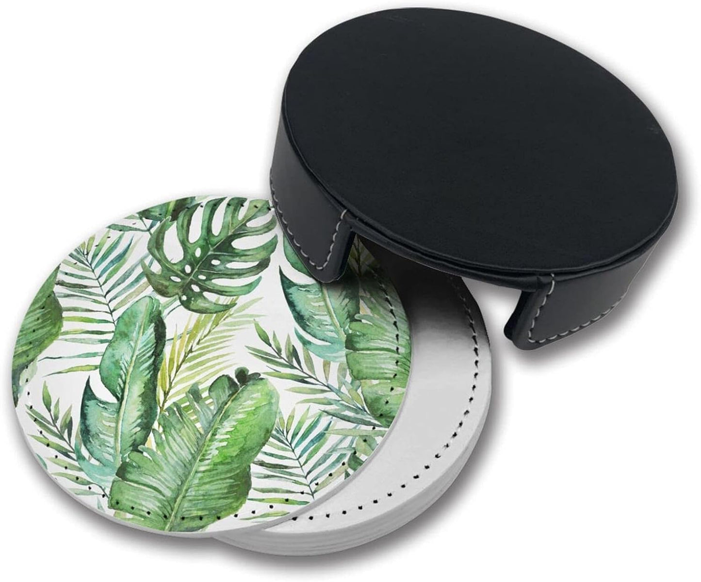 Green Tropical Palm and Fern Leaves Leather Drinks Coasters with Holder Set of 6, Suitable for Kinds of Cups