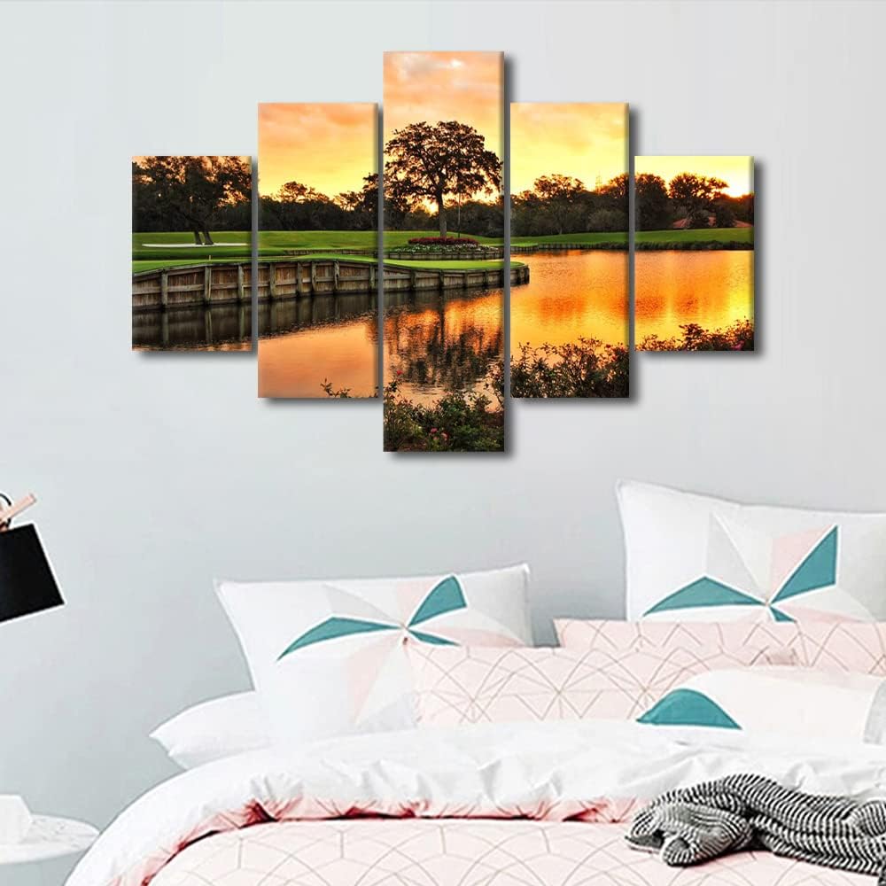 Golf Course Posters Wall Art TPC Sawgrass Golf Course Painting Modern Scenery Pictures Prints on Canvas 5 Panels for Living Room Home Bedroom Office Wall Decor Framed Ready to Hang - 60"W x 40"H
