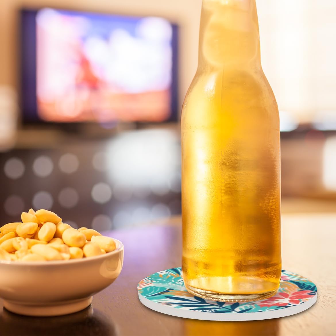 Ceramic Coasters for Drinks with Cork Back, Colorful Tropical Print 4 Inch Absorbent Coaster Set 2 Pack, Quick Dry Non-Slip Coaster Mats for Home, Office, Bar