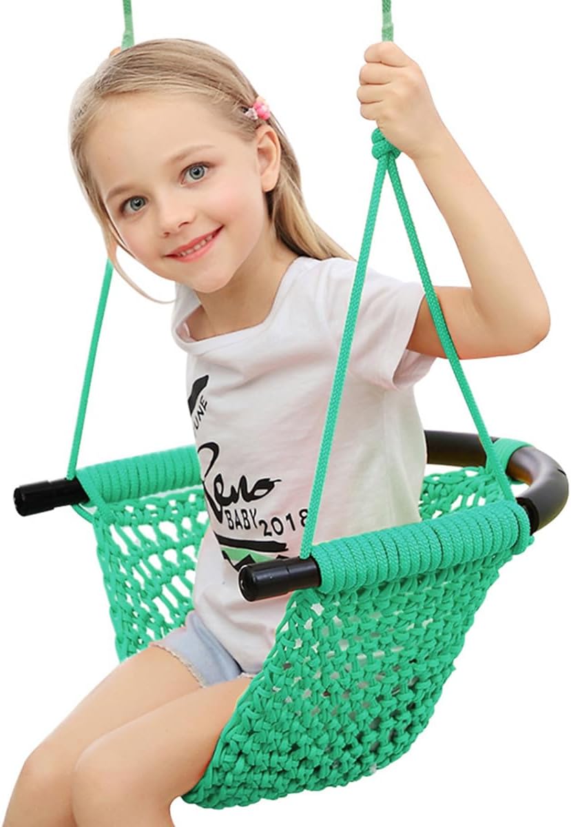 Hand-Knitting Toddler Swing, Swing Seat for Kids with Adjustable Ropes, Little tikes Swings Set, for Outdoor Indoor, Playground, Backyard (Macaron Green)