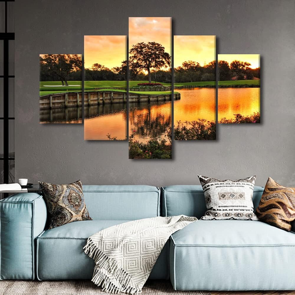 Golf Course Posters Wall Art TPC Sawgrass Golf Course Painting Modern Scenery Pictures Prints on Canvas 5 Panels for Living Room Home Bedroom Office Wall Decor Framed Ready to Hang - 60"W x 40"H