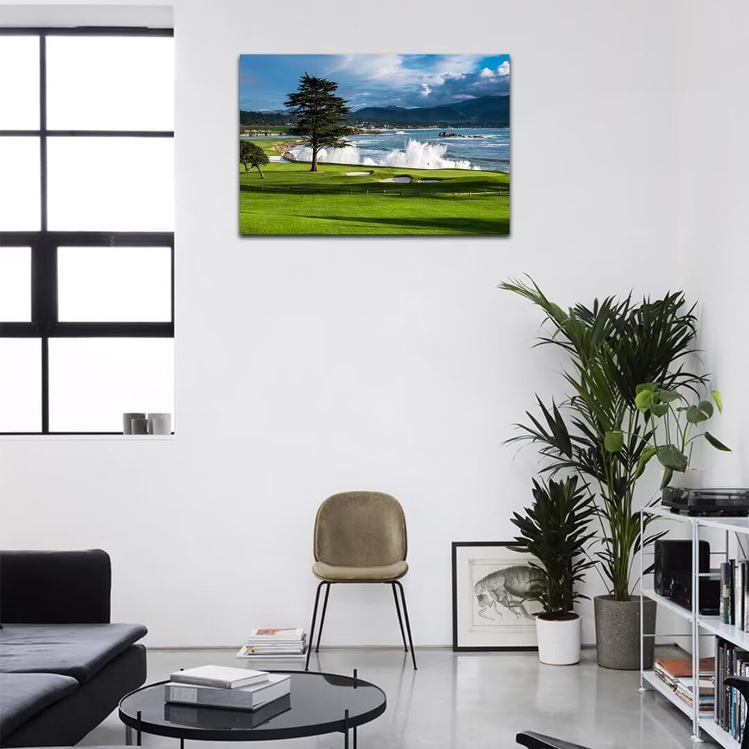 HJY Art USA Golf Course Wall Art Pictures Golf Landscape Wall Decor Blue Green Painting Poster for Home Decor Living Room Bedroom Bathroom Office Gym Framed Artwork Ready to Hang (28 x 44 inch)