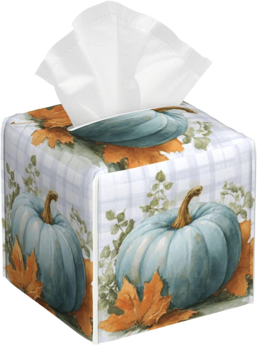 Blue Pumpkins Fall Tissue Box Cover Autumn Leaves Plaid Square Leather Tissue Holder Decorative Facial Tissue Cube Paper Cover Case Organizer for Bathroom Night Stands Desk Tabletop Living Room Home