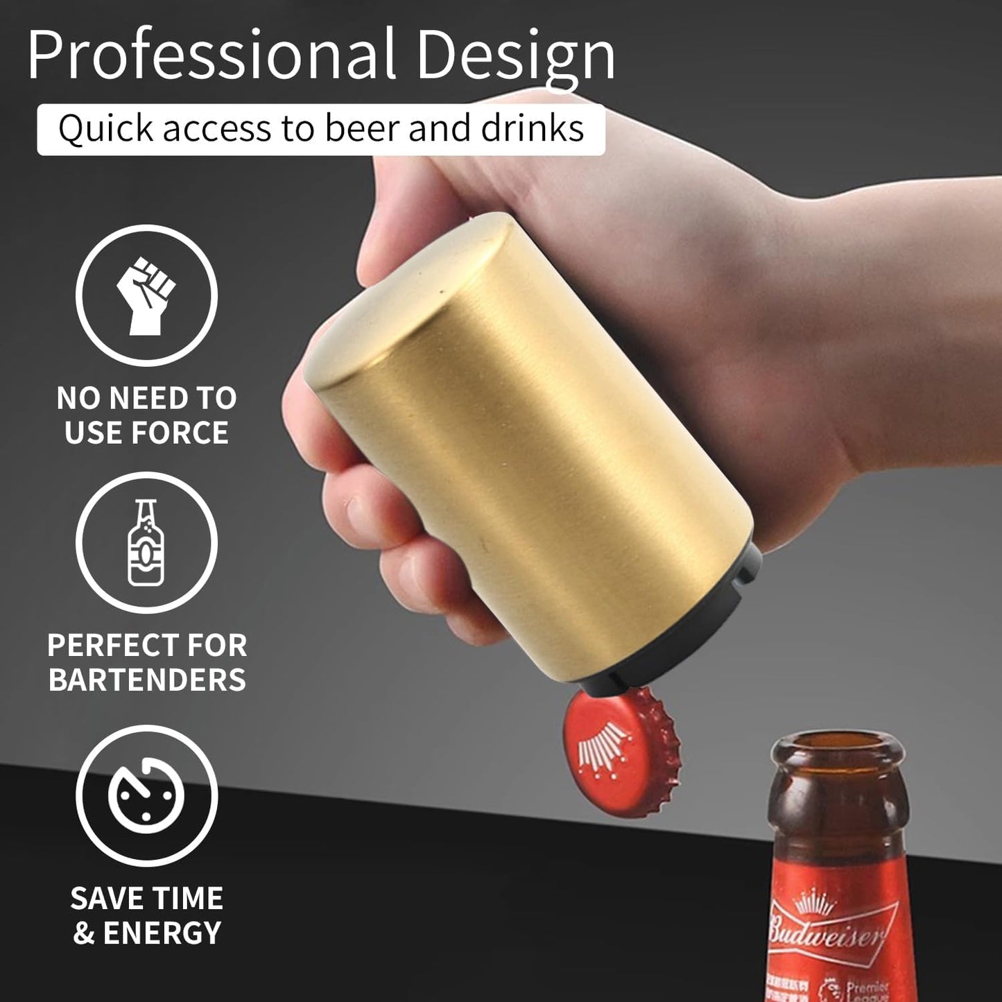 Push Down Bottle Opener,Automatic Beer Openers,Premium Bottle Opener Stainless Steel Bottle Cap Mover Magnetic Corkscrew, Beer Bar Accessories Gifts for Him BF,Can Openersfor Home Picnic (gold)