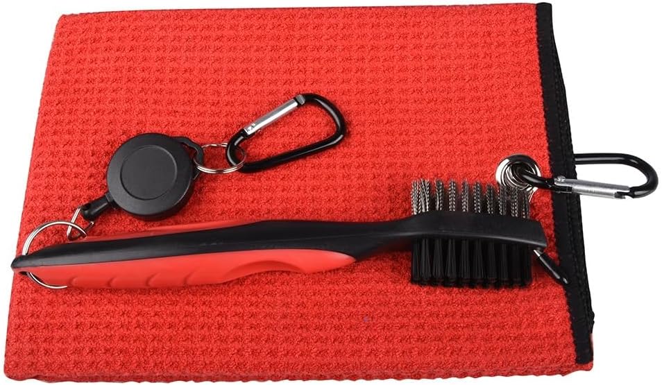 Golf Towels, Golf Towel and Brush Set, with Microfiber Waffle Design Golf Towel 16" X 24" with Hook and Loop Fastenerl and Retractable Zip-line Golf Club Brush (Red)