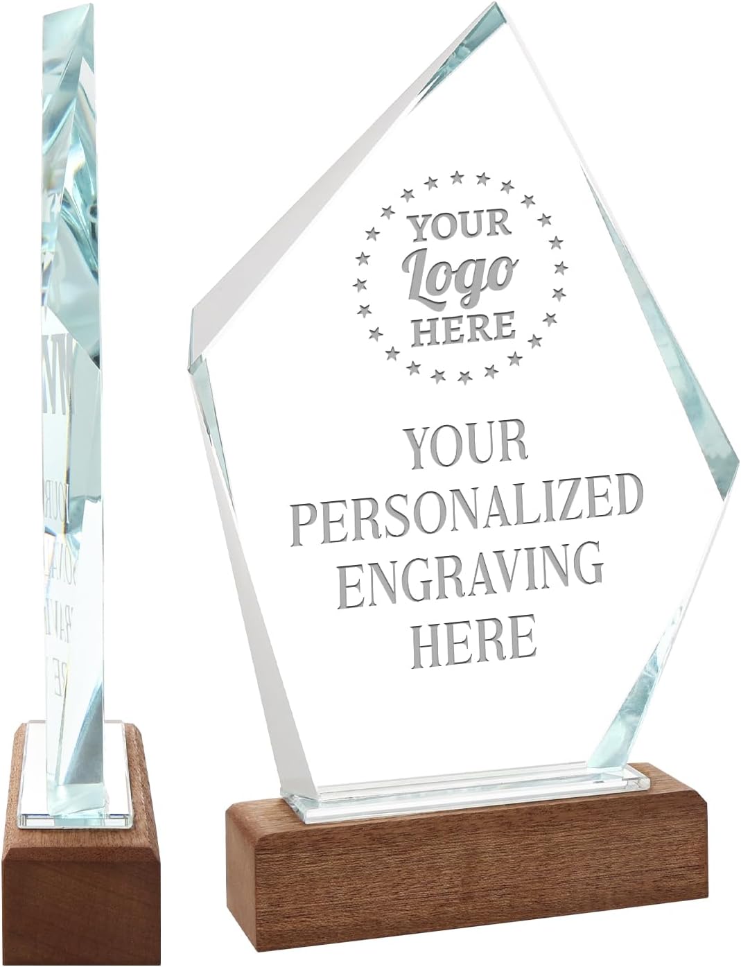 Personalized Crystal Trophy Award with Solid Wood Base - Custom Engraved Plaques for Employee Recognition, Sports Trophies, Thanks Gifts