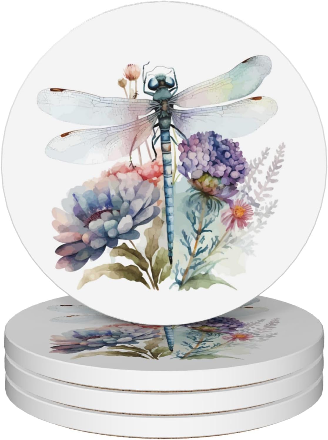 Drinks Coasters Set of 4, Dragonfly Wildflower Round 4" Cup Coasters, Absorbent Ceramic Stone Coasters with Cork Base, Cute Coasters for Table Home Décor, Ideal Gifts for Women Men