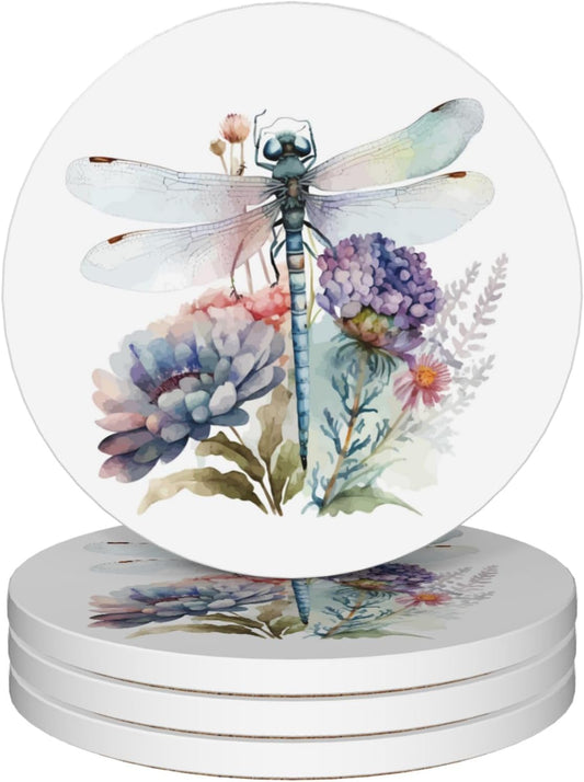 Drinks Coasters Set of 4, Dragonfly Wildflower Round 4" Cup Coasters, Absorbent Ceramic Stone Coasters with Cork Base, Cute Coasters for Table Home Décor, Ideal Gifts for Women Men
