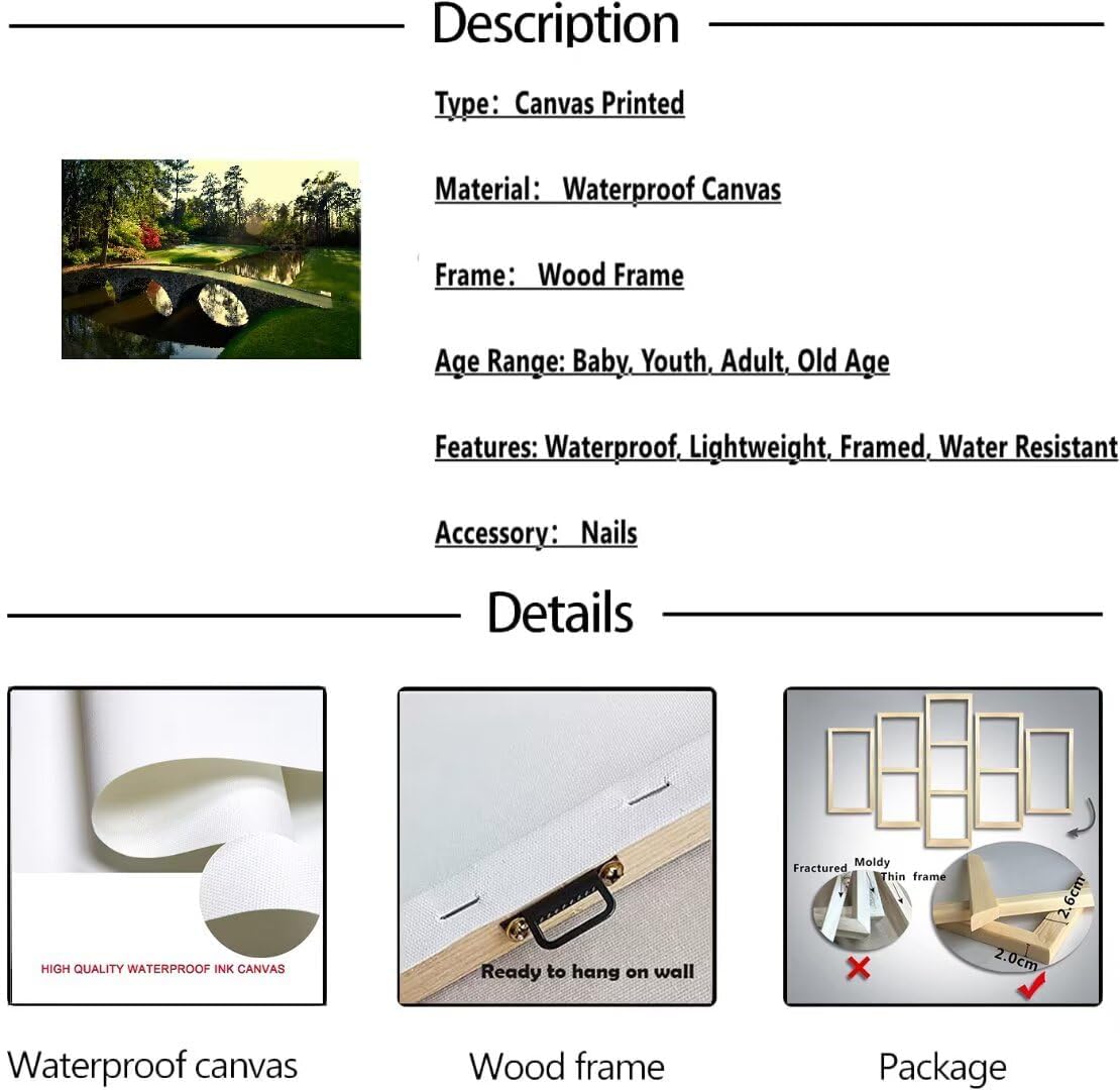chenchenArt Augusta National Golf Course 12th Hole Wall Art Pictures Golf Club Wall Decor Office Decorations Canvas Artwork for Living Room Bedroom Framed Ready to Hang(18''H x 24''W)