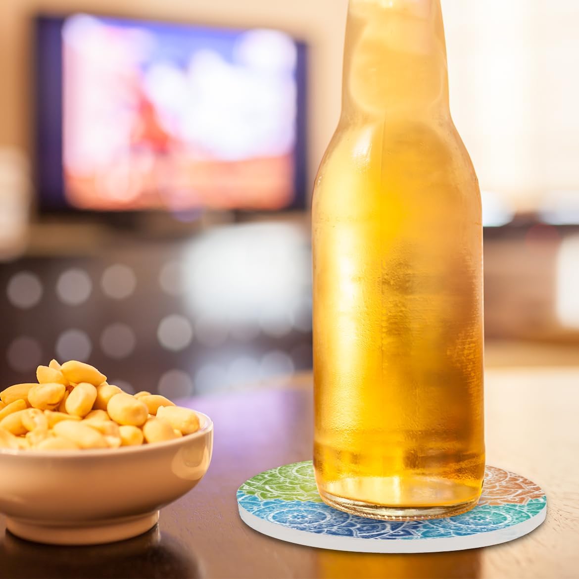 Ceramic Coasters for Drinks with Cork Back,Colorful Mandala Harmony 4 Inch Absorbent Coaster Set 4 Pack, Quick Dry Non-Slip Coaster Mats for Home, Office, Bar