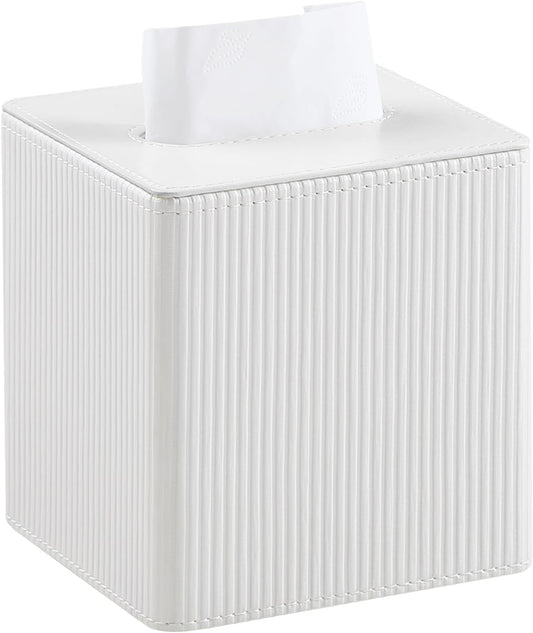 PU Leather Tissue Box Cover Square with Magnetic Closure, Modern Tissue Box Holder for Bathroom Bedroom Office Desk, Decorative Square Tissue Holder (Ivory)