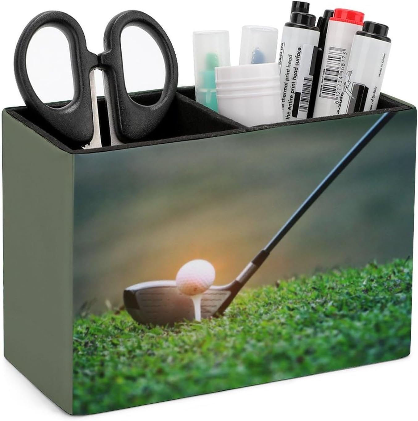 Pen Holder, Pencil Holder for Desk Organizer, Golf Theme Sport Ball PU Leather Pencil Cups Desktop Stationery Storage Makeup Brush Holder Pen Organizer for Office Home