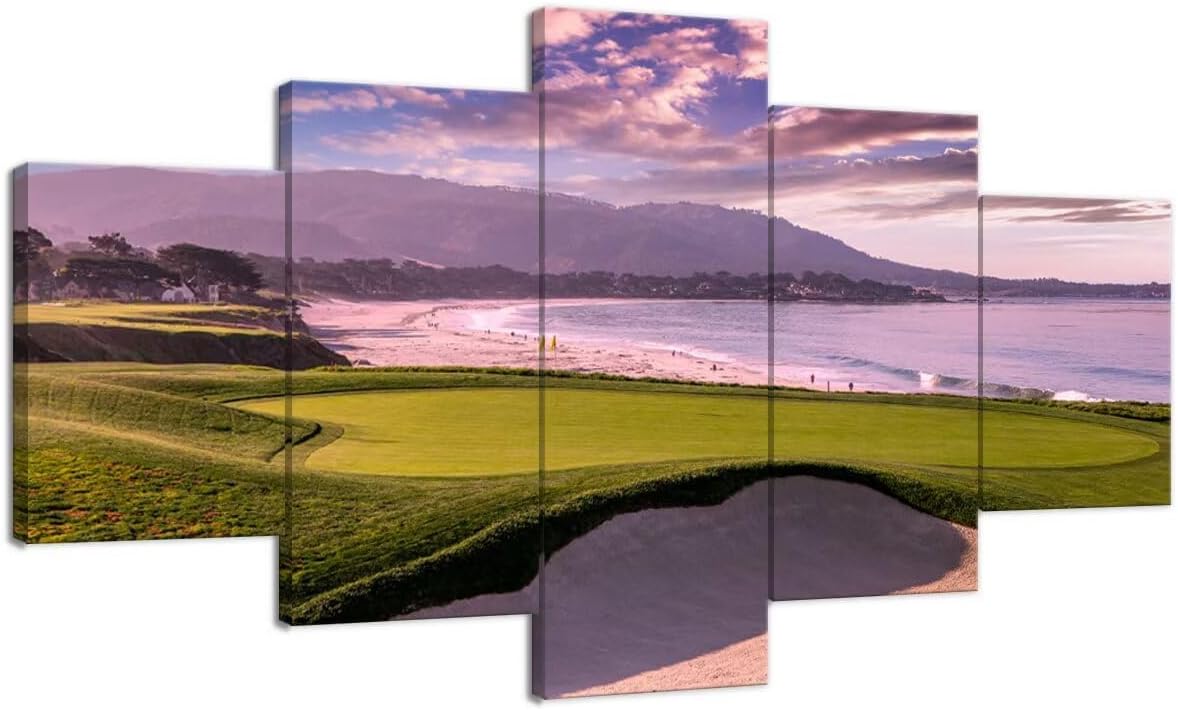 Pebble Beach Golf Course Hole 9th Wall Art Pictures Monterey California Golf Course Wall Decor for Living Room Bedroom Bathroom Home Decorations Canvas Prints Framed Ready to Hang(60''W x 32''H)