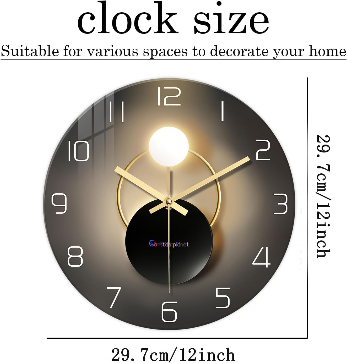 Black and Gold Wall Clock for Kitchen Glass Decorative Wall Clocks Battery Operated 12 Inch Round Silent Wall Clock Non Ticking