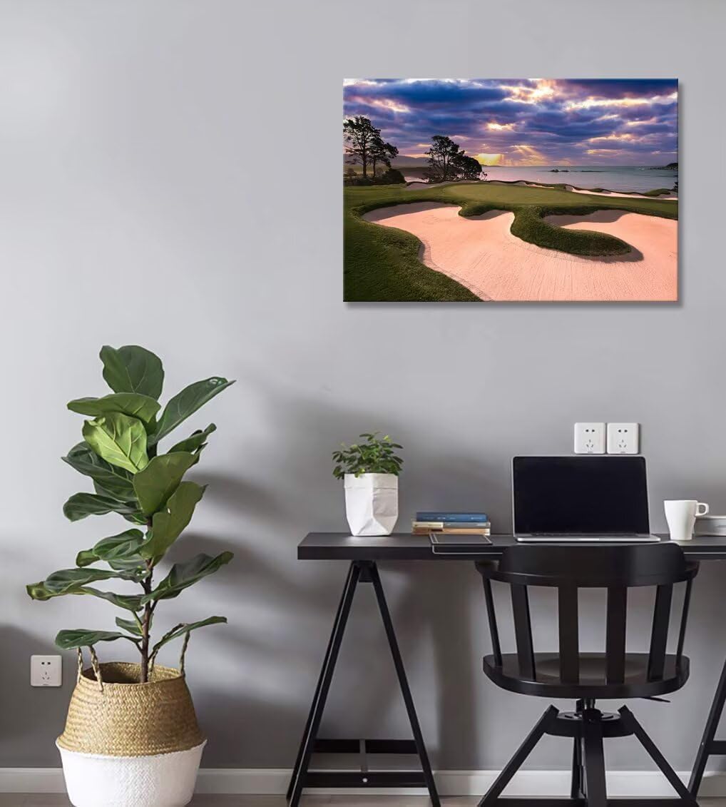 chenchenArt Pebble Beach Golf Course Wall Art for Living Room Bedroom Bathroom Home Decorations Golf Course Picture Poster Wall Decor for Office Canvas Prints Framed Ready to Hang(12''H x 16''W)