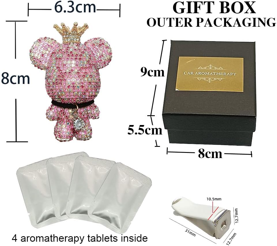 Handmade Bling Rhinestone Bear Car Air Freshener Cute Ornaments Car Vent Clips Accessories Perfume Clip Aromatherapy Diffuser Fragrance Cotton Pad Car Interior Decoratio Women Girl (AB Pink)