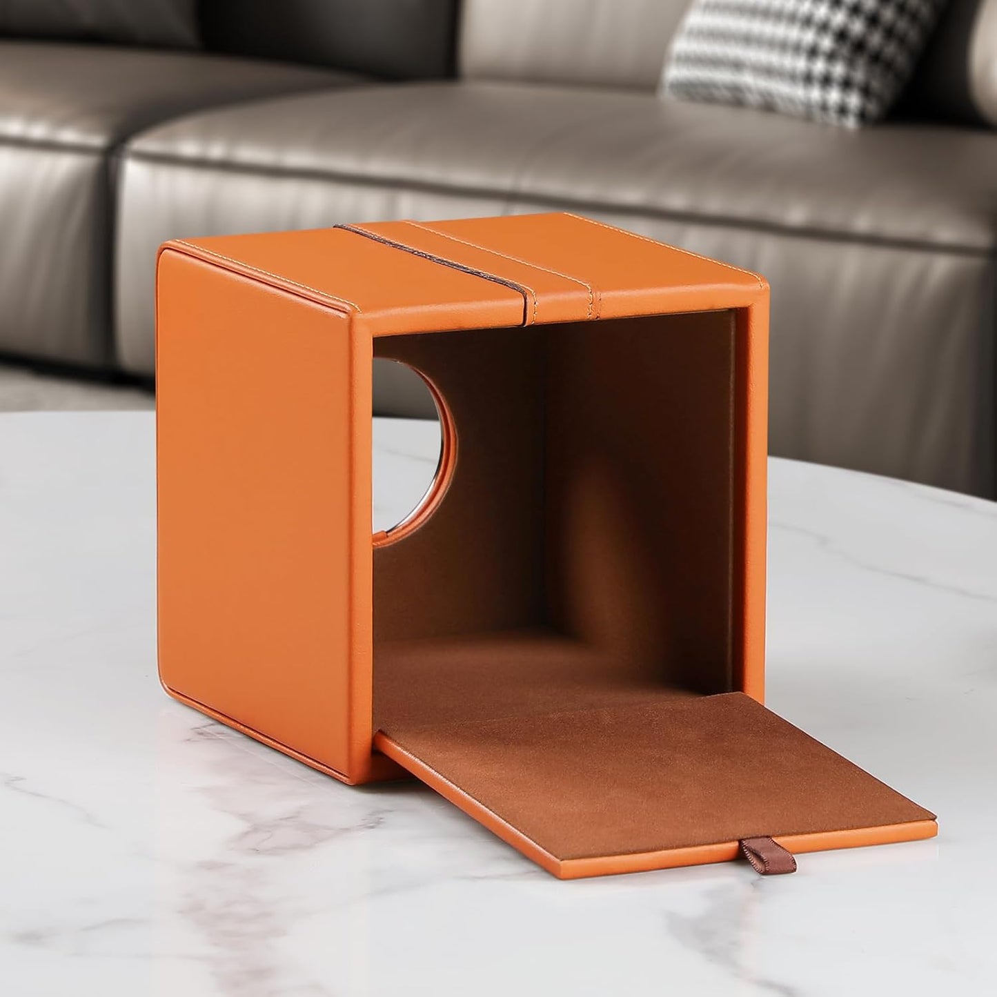 Square Tissue Box Cover, Luxury PU Leather Tissue Holder with Magnetic Closure (Orange)