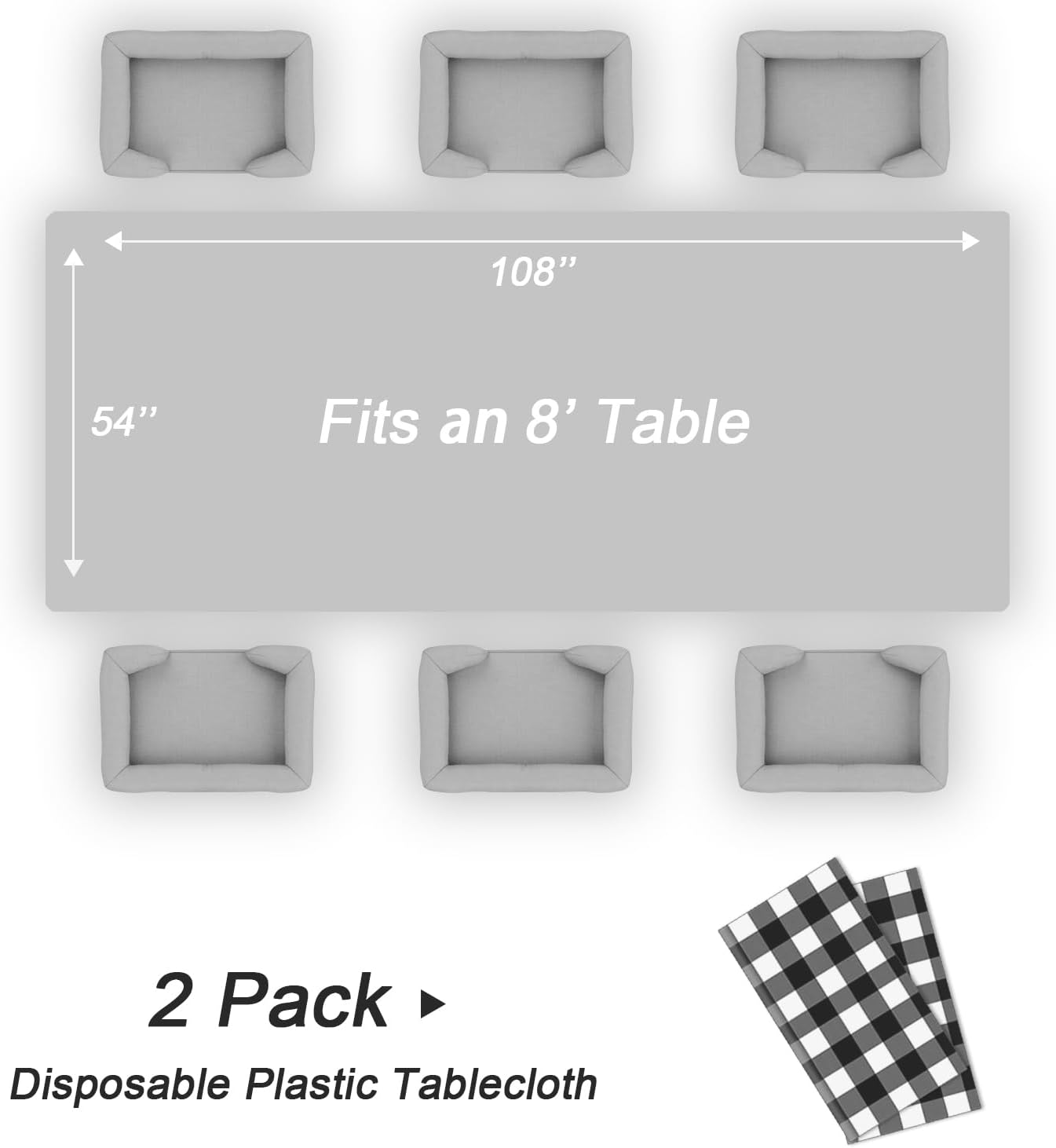 QIKSION Black Gingham Tablecloth Disposable 2 Pack, 54 x 108 Inch Black and White Checkered Table Cloth for Rectangle Tables, Plastic Table Cover