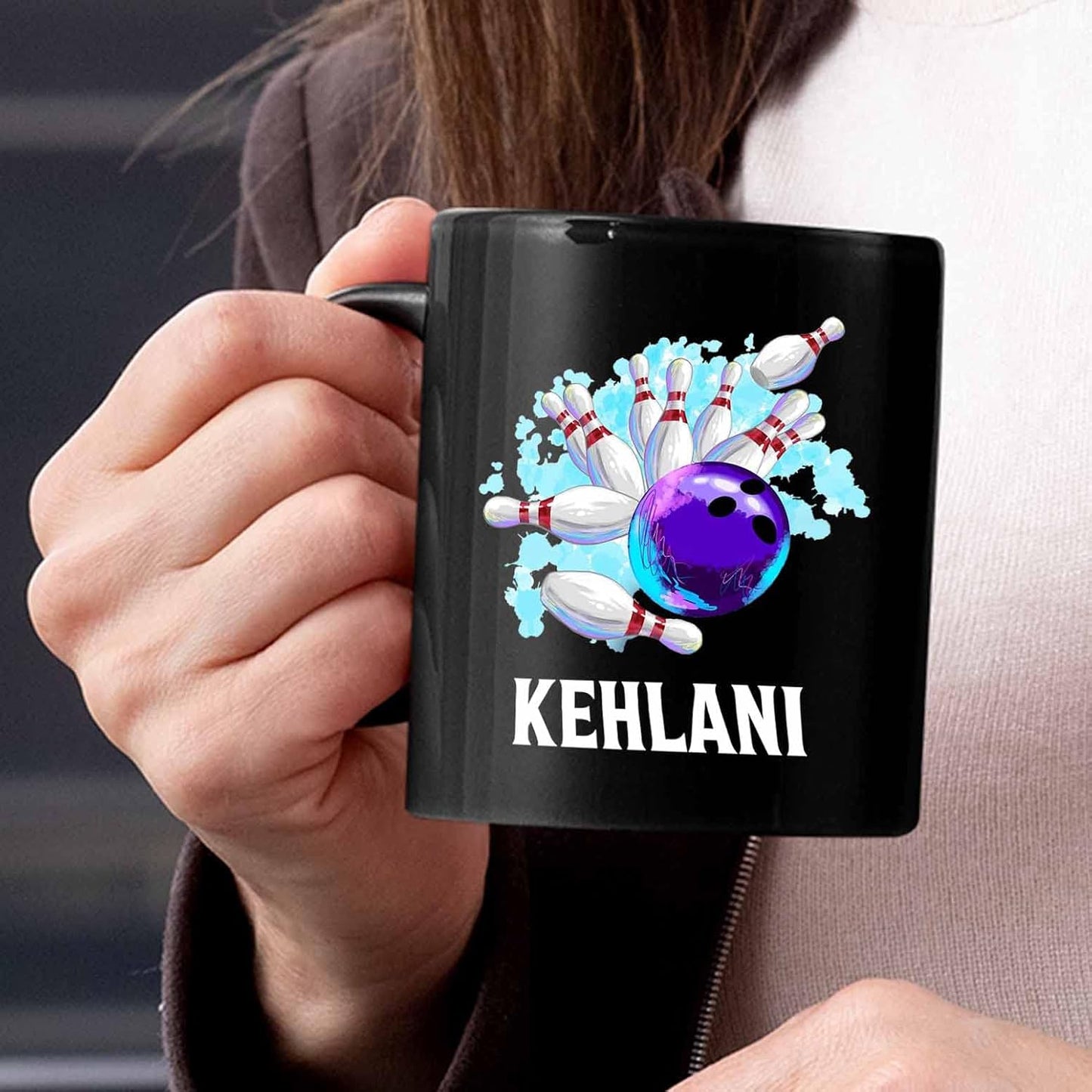 Personalized Bowling Black Ceramic Mug 11 Oz 15 Oz, Custom Bowling Ball Player Coffee Mugs With Choose Name, Strike Knock Down Pins Bowling Travel Mug, Bowling Sport Coffee Cup Gift For Bowling Lover