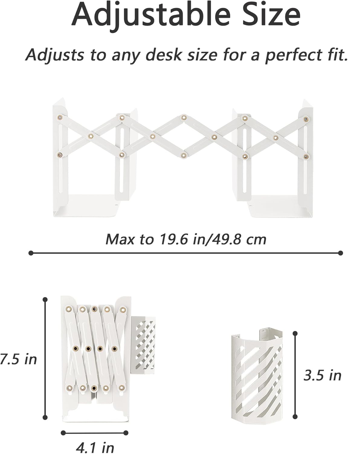 Kingsmile Book Ends, Adjustable Bookends for Shelves, Metal Bookends for Heavy Books, Book Stopper Organzier with Pen Holder for Desk, Kids Room, Office, Classroom, Library, Study Room.(White)