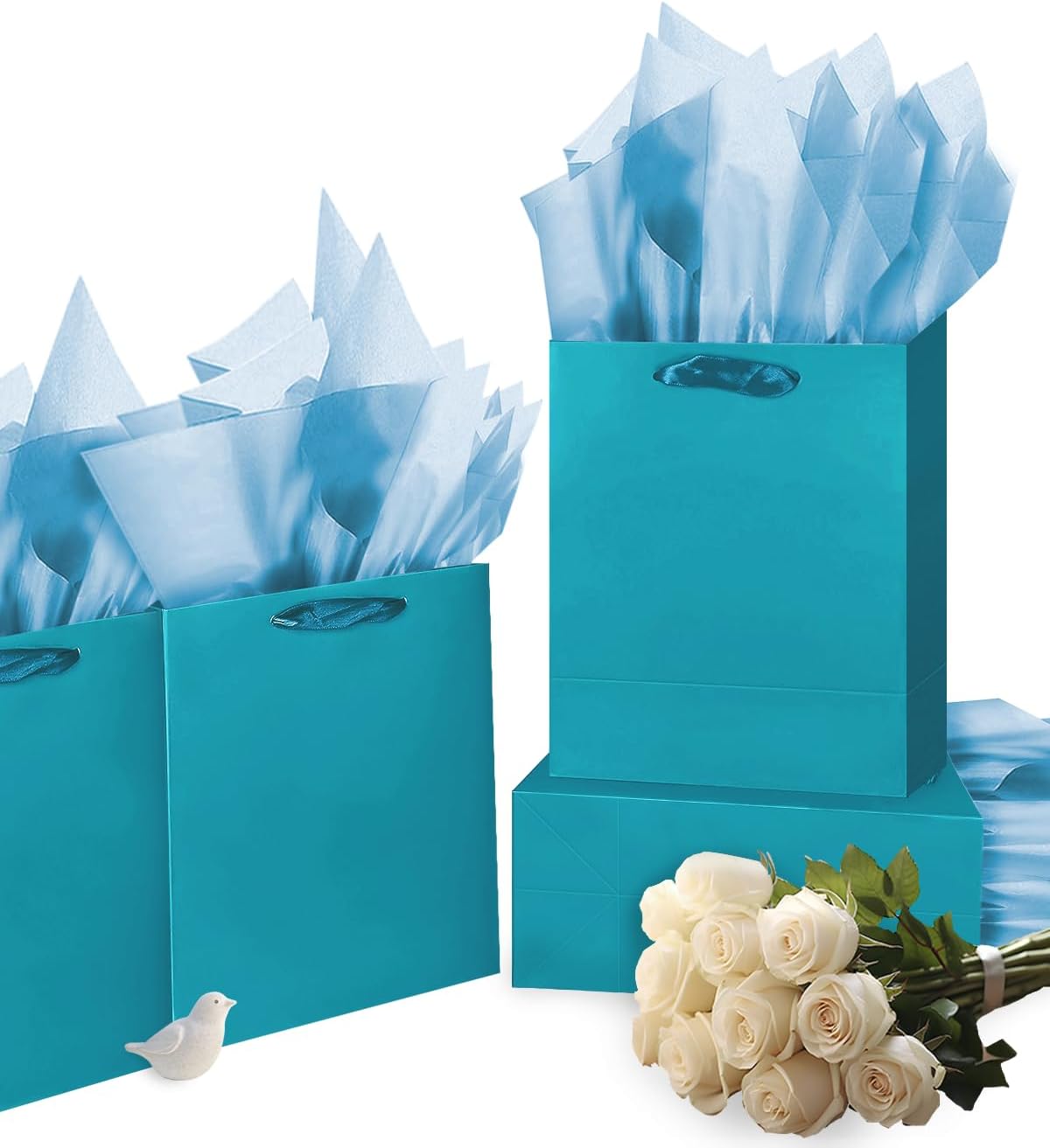Gcardist Denim Blue Gift Bags with Tissue Paper for Wedding, Birthday, Party Supplies-7.9"x4.3"x9.6" Medium Size Cardboard Gift Bags（5pcs Bags +10pcs Tissue Paper ）